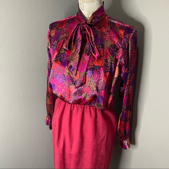 Vintage 80s 70s Dress Satin Purple Pink Floral 8 - Picture 2 of 4